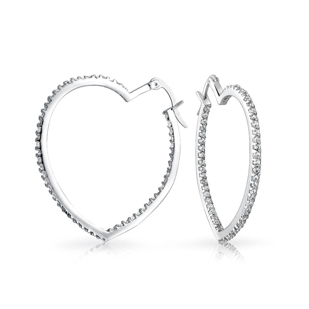 inside-out-cz-heart-hoops_oa-21ht149 Inside Out Cubic Zirconia Pave CZ Large Heart Shaped Hoop Earrings 1.5 Inch Diameter - Image 1
