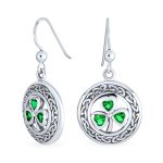 Good Luck Celtic Knot Circle Green Clover Dangle Earrings .925 Sterling Silver