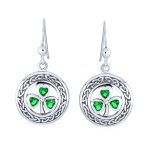 Good Luck Celtic Knot Circle Green Clover Dangle Earrings .925 Sterling Silver - Image 2