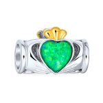 Created Green Opal Heart Claddagh Charm Bead .925 Sterling Silver for Bracelet
