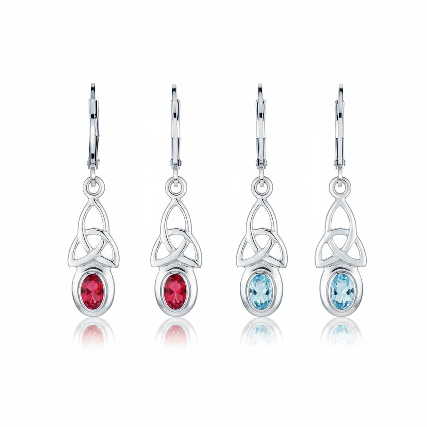 irish-knot-dangle-earring-combo-oval-celtic_pmr-e20136-set-az Set of 2 Celtic Love Knot Oval Blue Topaz & Simulated Red Ruby Dangle Earrings - Image 1