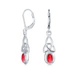 Oval Bezel Set Ruby Red CZ Celtic Love Knot Dangle Earrings .925 Sterling Silver Leverback