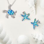 Nautical Blue Created Opal Inlay Turtle Pendant Necklace .925 Sterling Silver - Image 13