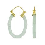 Big Bamboo Asian Design Green Jade Hoop Earrings Gold Plated .925 Sterling Silver 1.2 Inch Diameter - Image 2