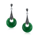 Asian Style Good Fortune Marcasite Green Jade Dangle Gemstone Earrings  Silver - Image 2