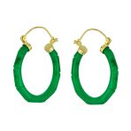 Big Bamboo Asian Design Green Jade Hoop Earrings Gold Plated .925 Sterling Silver 1.2 Inch Diameter - Image 3