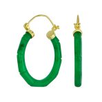 Big Bamboo Asian Design Green Jade Hoop Earrings Gold Plated .925 Sterling Silver 1.2 Inch Diameter