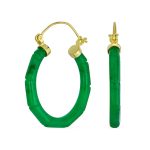 Big Bamboo Asian Design Green Jade Hoop Earrings Gold Plated .925 Sterling Silver 1.2 Inch Diameter