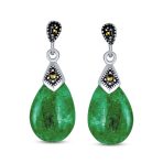 Boho Bali Dangle Gemstone Earrings Green Jade Marcasite - Image 2