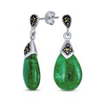 Boho Bali Dangle Gemstone Earrings Green Jade Marcasite
