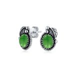 Native American Style Gemstone Bezel Leaf Rope Stud Earrings in Sterling Silver - Image 3