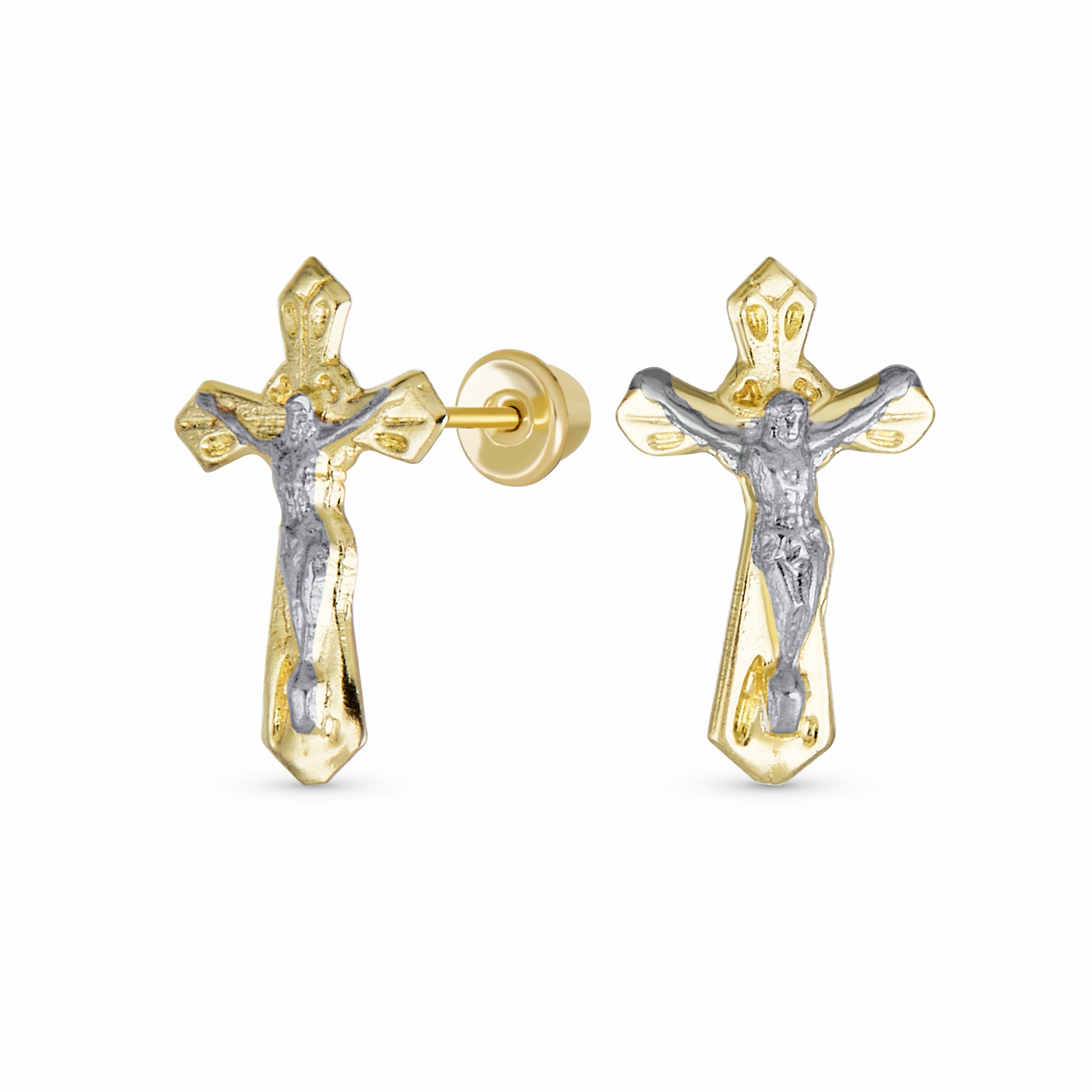 jesus_cross_stud_earrings_bro-14k383-1 Christian Jesus Crucifix 14K Gold Stud Earrings Screwback - Image 1