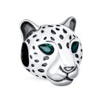 Jaguar Panther Charm Bead with Green CZ Eyes Oxidized Silver for Bracelets
