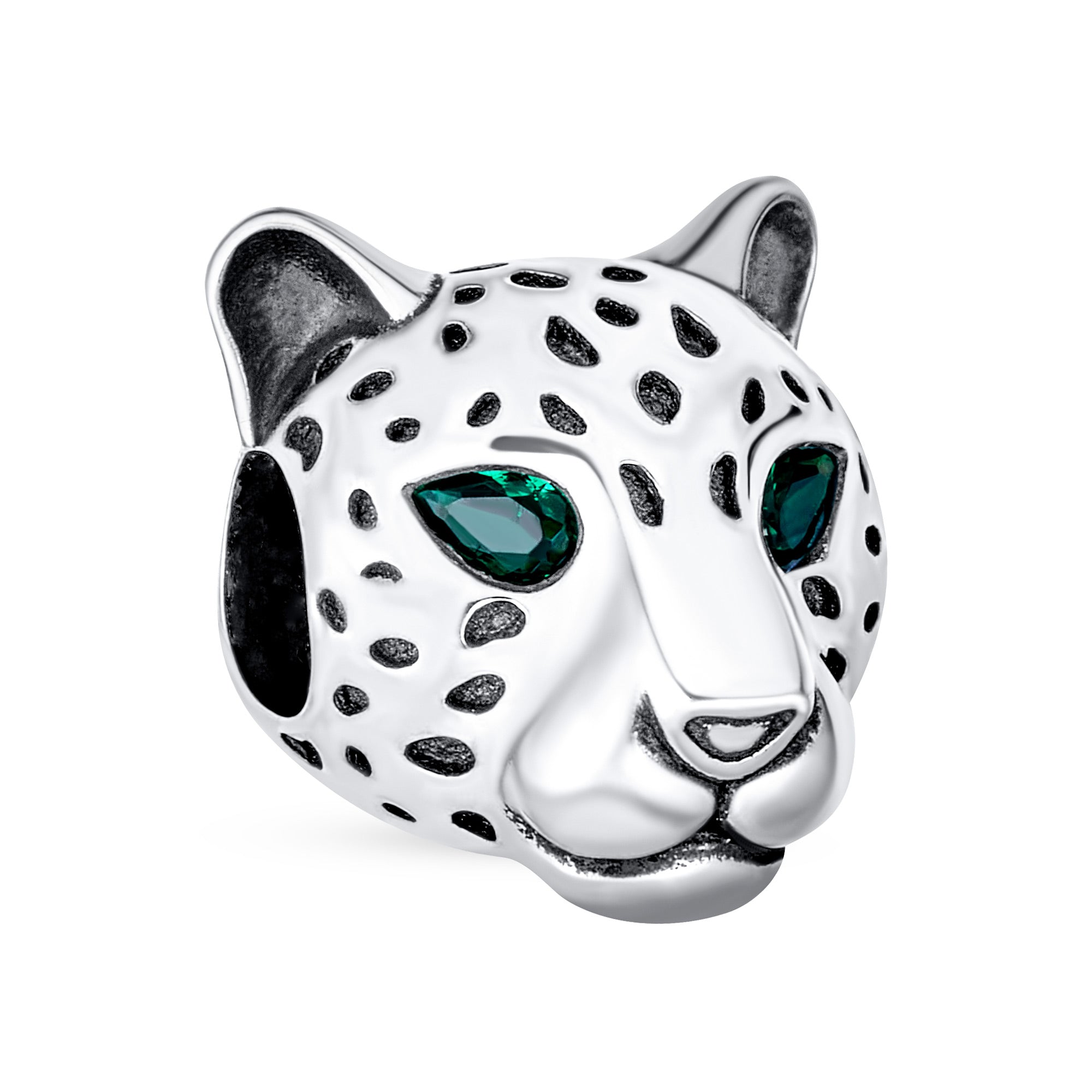 jungle-zoo-animal-jaguar-head-bead-pbx-hsz-2188-d-az_01 Jaguar Panther Charm Bead with Green CZ Eyes Oxidized Silver for Bracelets - Image 1