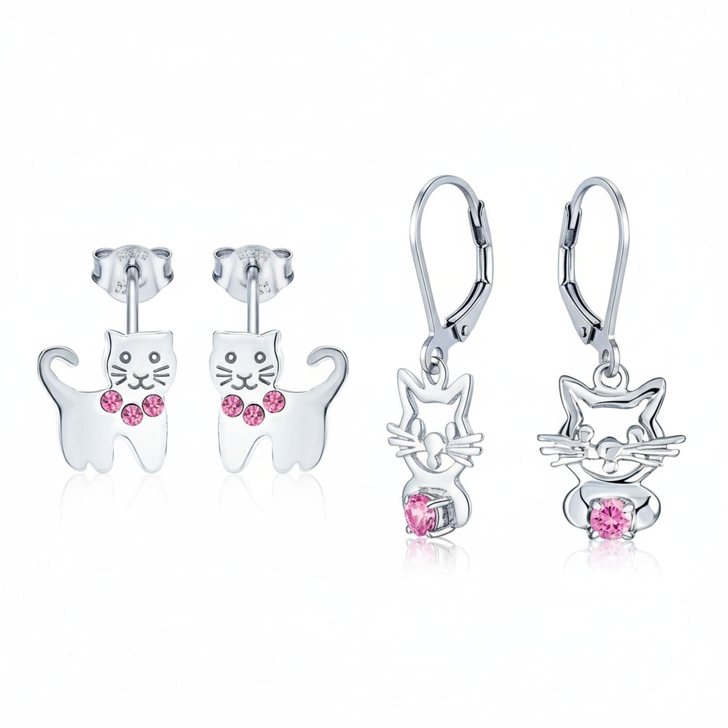 kitty-silver-pink-cat-earrings-stud-pair_pmr-e21008pkz-set-az Set of 2 Pet Cat Kitty Pink CZ Dangle & Crystal Stud Earrings Sterling Silver - Image 1