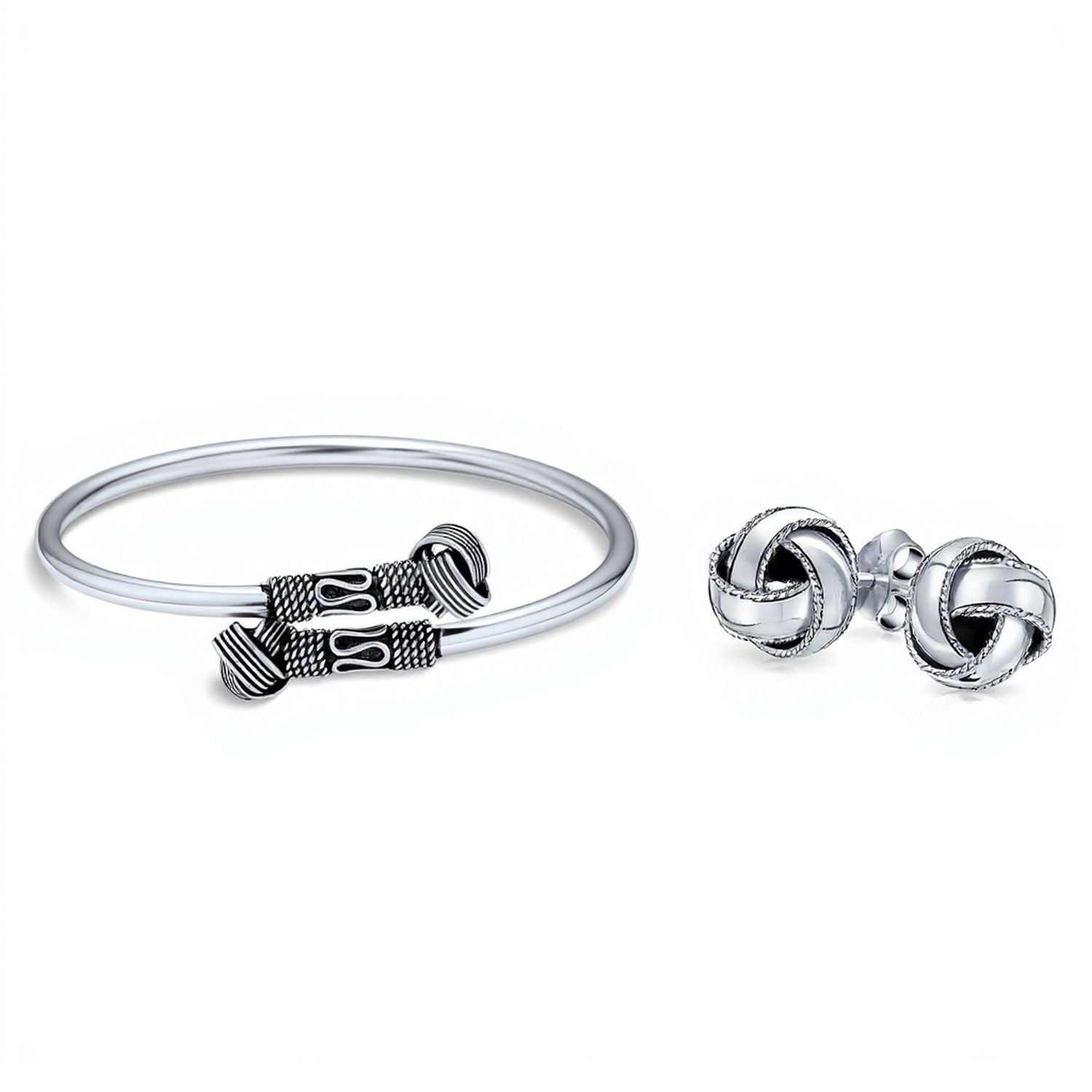 knot-love-trendy-floral-bangle-earring_silver_combo-silver_bracelet_sstr-bgknt-set-az Western Knot Cuff Bangle & Love Knot Ball Stud Earrings Set Sterling Silver - Image 1