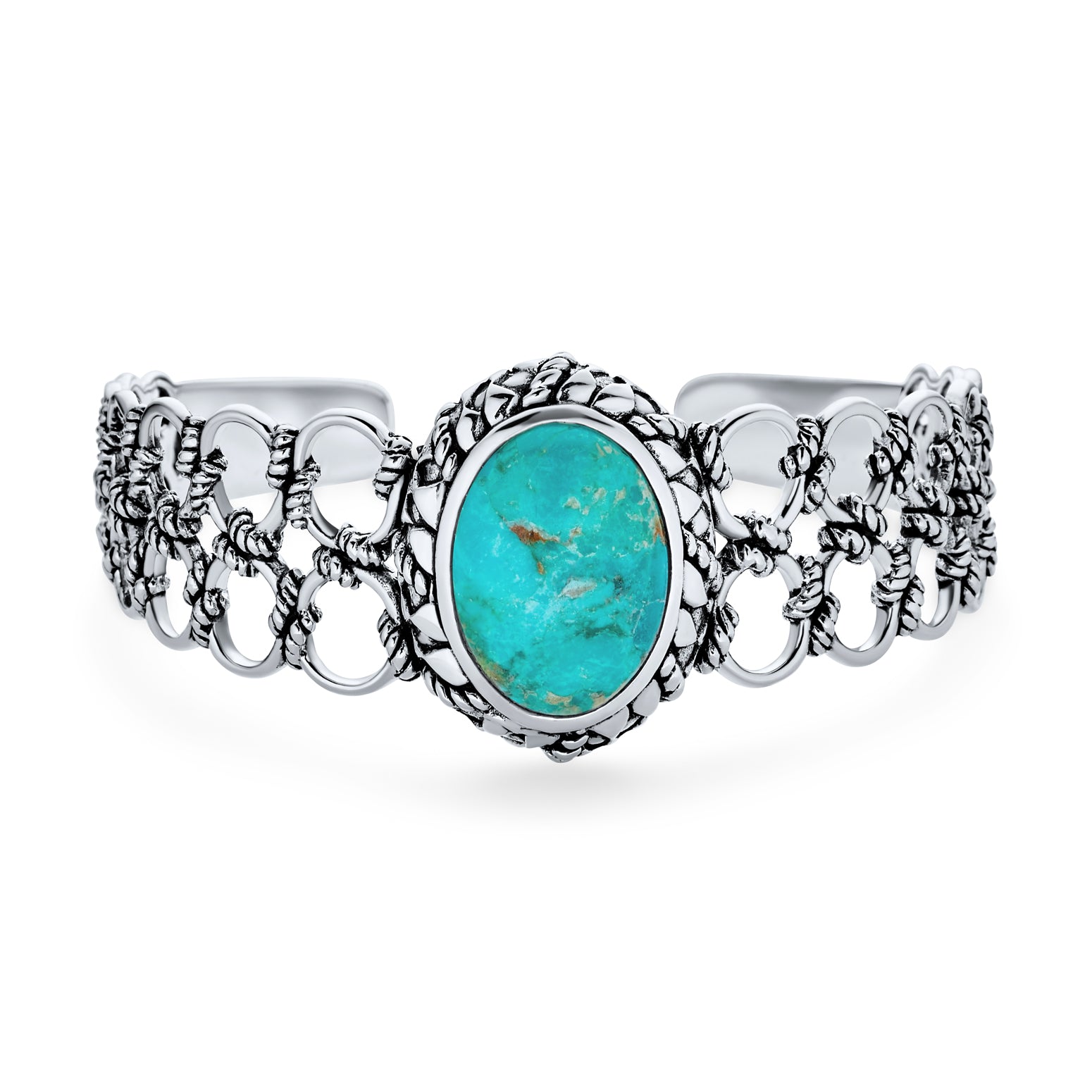 knot-turquoise-sterling-silver-bracelet-nk-bs0234_11 Western Style Oval Turquoise Cabochon Rope Lattice Wide Cuff Bracelet .925 Sterling Silver - Image 1