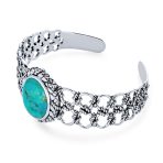 Western Style Oval Turquoise Cabochon Rope Lattice Wide Cuff Bracelet .925 Sterling Silver - Image 2