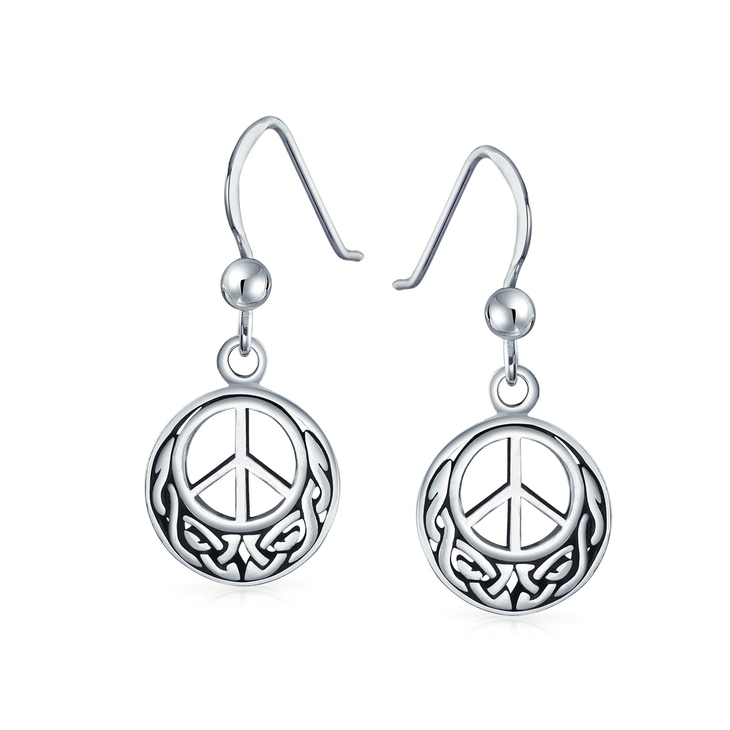 knotwork-peace-sign-celtic-earrings_ps-te2631-az_1 Retro Celtic Knotwork Dangle Earrings in Oxidized Sterling Silver - Image 1