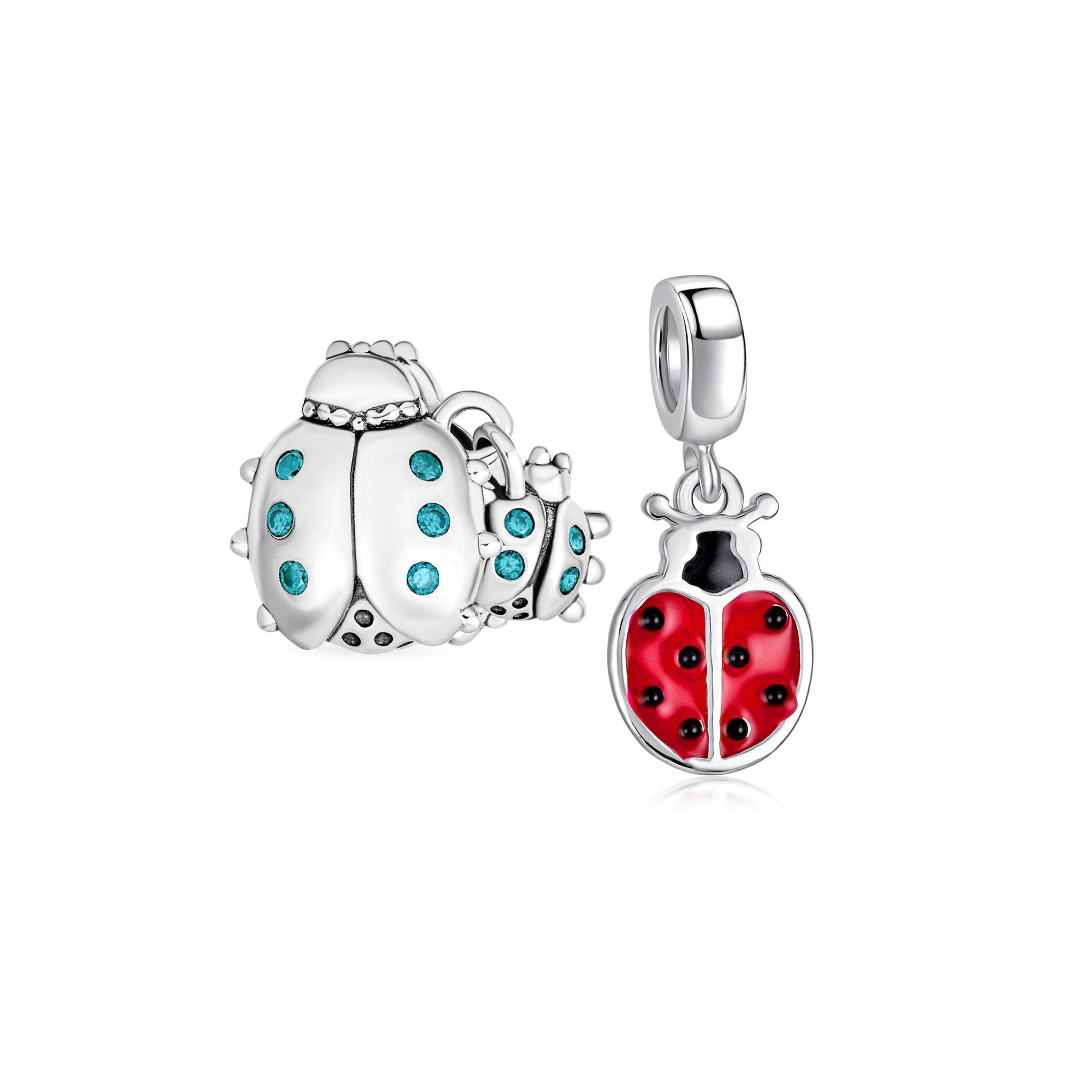 ladybug-charm-sterling-silver-pbx-hsz-2125-set-1 Set of 2 Insect Garden Ladybugs Red CZ Dangle Charm Bead Enamel Sterling Silver - Image 1