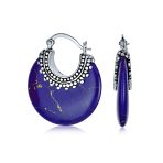 Bali Style Blue Lapis Round Half Crescent Hoop Earrings Milgrain .925 Sterling Silver - Image 3
