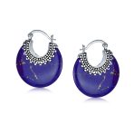 Bali Style Blue Lapis Round Half Crescent Hoop Earrings Milgrain .925 Sterling Silver - Image 6