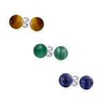 Set of 3 Natural Stone 8MM Bead Ball Stud Earrings .925 Sterling Silver