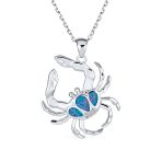 Sand Crab Pendant Necklace Created Blue Opal Tropical Nautical Beach .925 Sterling Silver