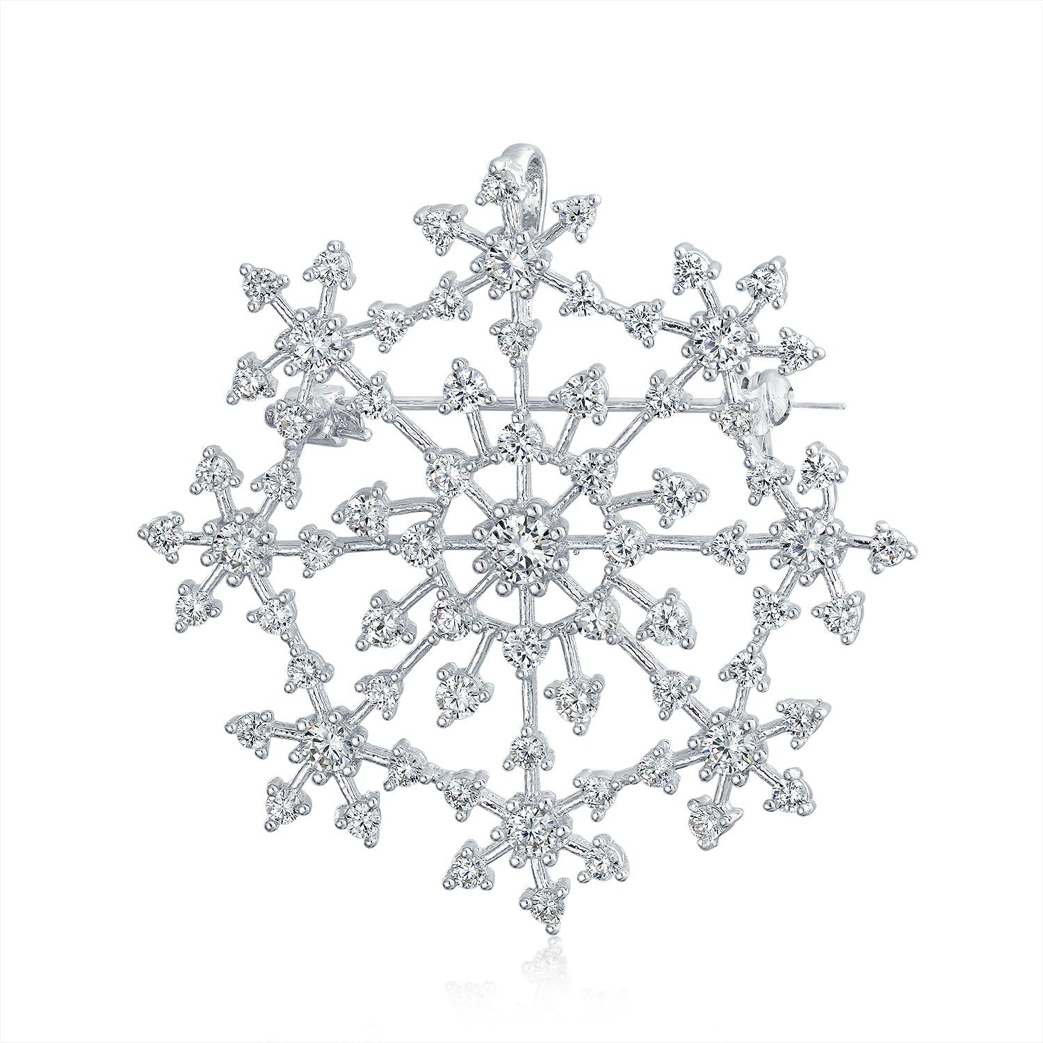 large-winter-snowflake-brooch-pin_jg-br00032r-c01-a_1 Large CZ Pave Snowflake Brooch Pin Silver Plated Brass Winter Holiday Scarf - Image 1