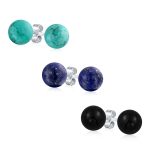 Set of 3 Natural Stone Round Bead 10MM Ball Stud Earrings .925 Sterling Silver