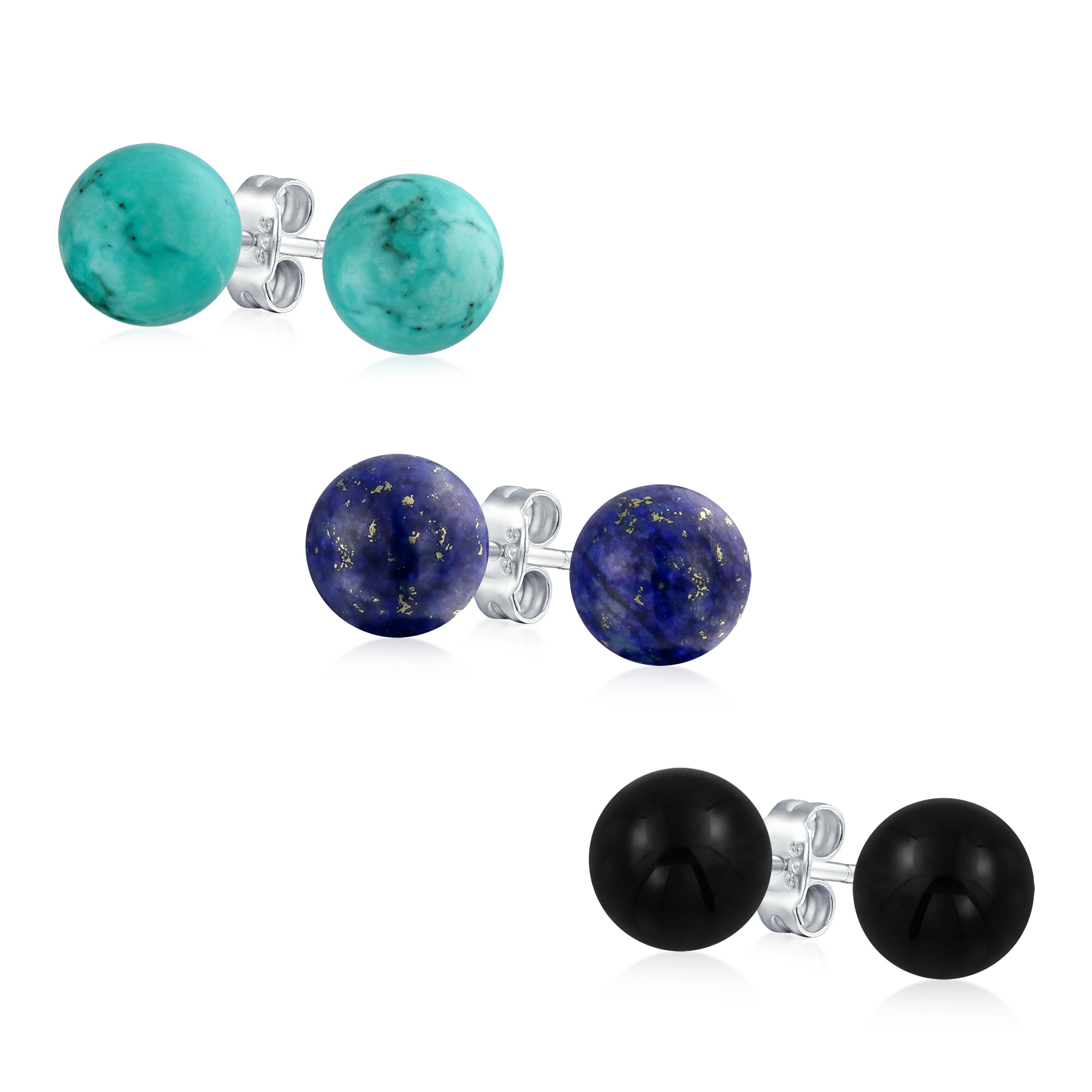 large_gemstone_roud_stud_earring_set_cb-ov0001set-10m Set of 3 Natural Stone Round Bead 10MM Ball Stud Earrings .925 Sterling Silver - Image 1