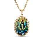 Religious Medal Oval Medallion Mother Virgin Mary Color Photo Pendant Necklace Gold Plated