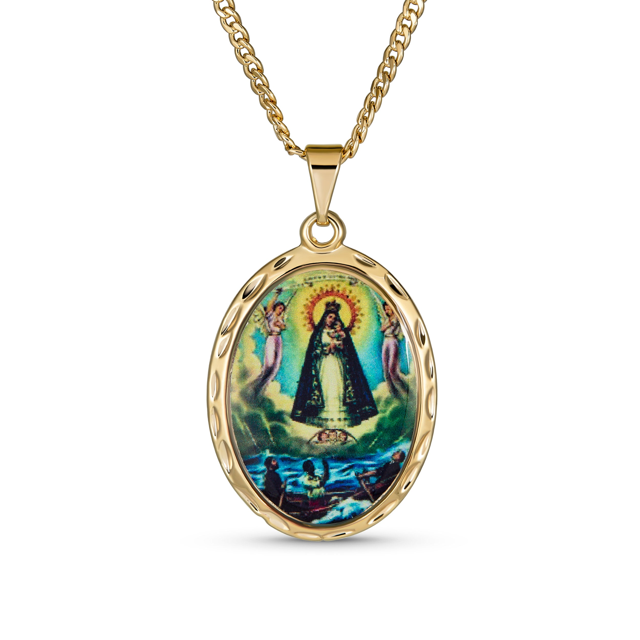 large_oval_medallion_virgin_mary_necklace_ab-15-00407 Religious Medal Oval Medallion Mother Virgin Mary Color Photo Pendant Necklace Gold Plated - Image 1