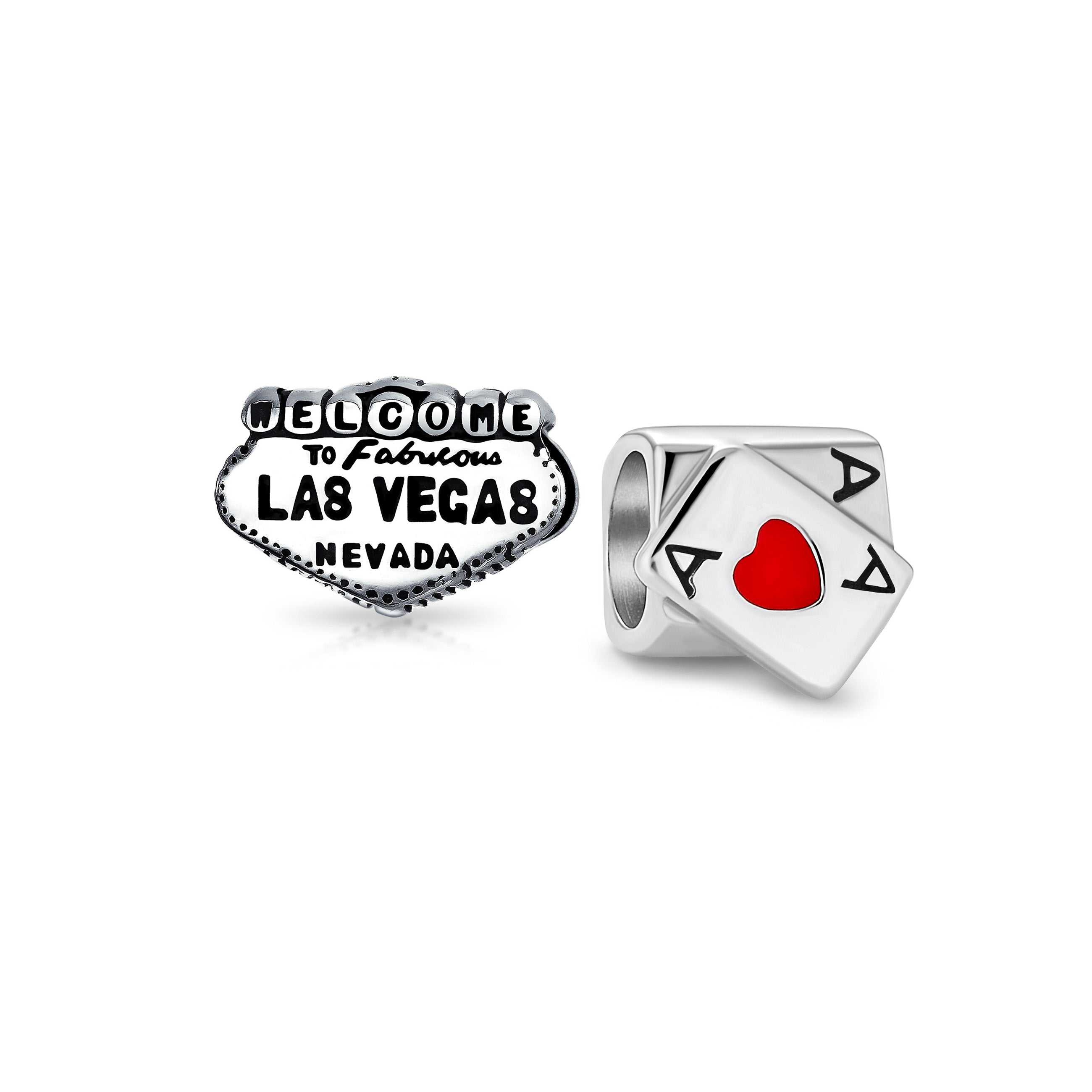 las-vegas-tourism-landmarks-pbx-hs-680-set-az Set of 2 Welcome to Las Vegas and Poker Ace of Hearts Charm Bead Sterling Silver - Image 1