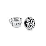 Set of 2 Latte Cup and Open Filigree Heart Charm Bead Oxidized Sterling Silver