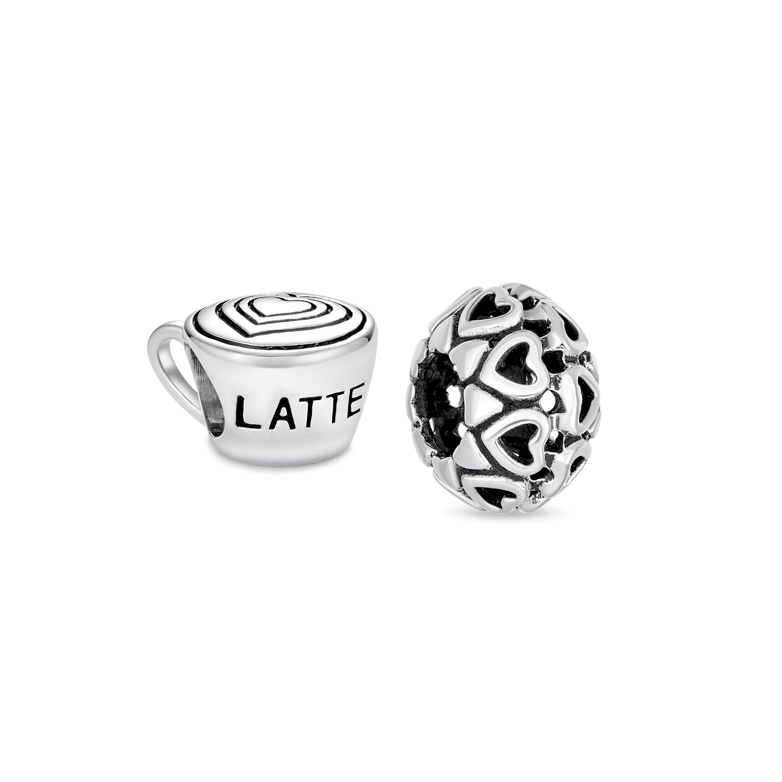 latte-cup-heart-charm-pbx-hs-682-set-az Set of 2 Latte Cup and Open Filigree Heart Charm Bead Oxidized Sterling Silver - Image 1