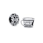 Set of 2 Latte Coffee & Open Filigree Heart Charm Bead Sterling Silver
