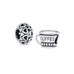 Set of 2 Latte Coffee & Open Filigree Heart Charm Bead Sterling Silver