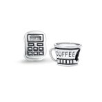 Set of 2 Latte Travel Mug Cup Coffee and Calculator Charm Bead Sterling Silver