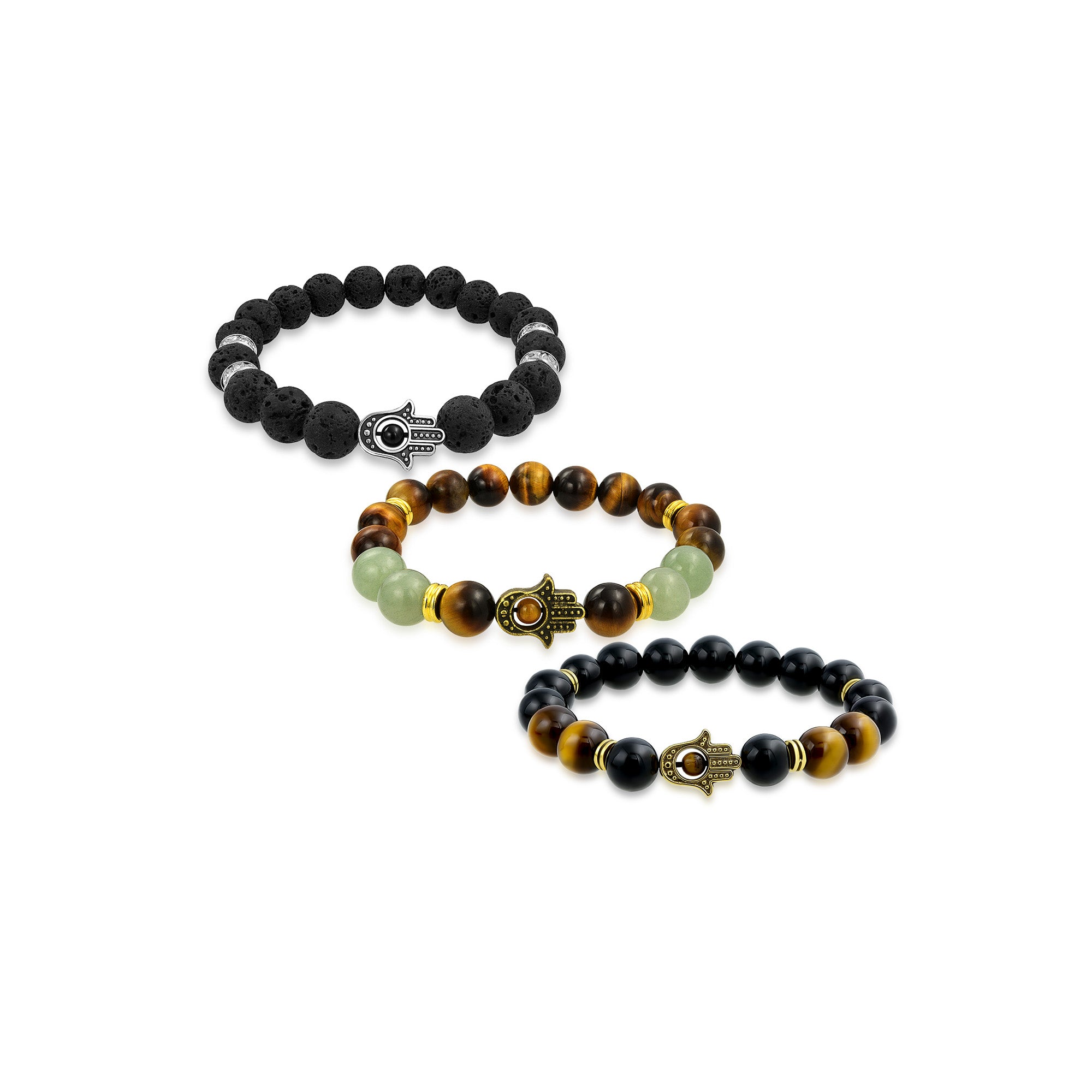 lava-rock-hamsa-hand-bracelet_cb-bj0519-br-set-az Set of 3 Talisman Amulet Stretch Bracelet Set with Gemstones & Hamsa Hand Charm - Image 1