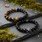 Set of 2 Lion Face Onyx Tiger Eye & Lava Rock Bead Stretch Bracelet Gold Plated - Image 2