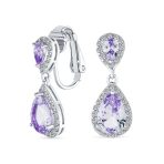 Classic Bridal Cocktail Halo Cubic Zirconia Blue CZ Double Solitaire Teardrop Dangle Clip On Earrings - Image 8