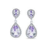 Classic Bridal Cocktail Halo Cubic Zirconia Blue CZ Double Solitaire Teardrop Dangle Clip On Earrings - Image 19