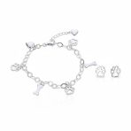 Pet Lover BFF Multi-Charm Bracelet & Paw Print Stud Earrings Set Sterling Silver