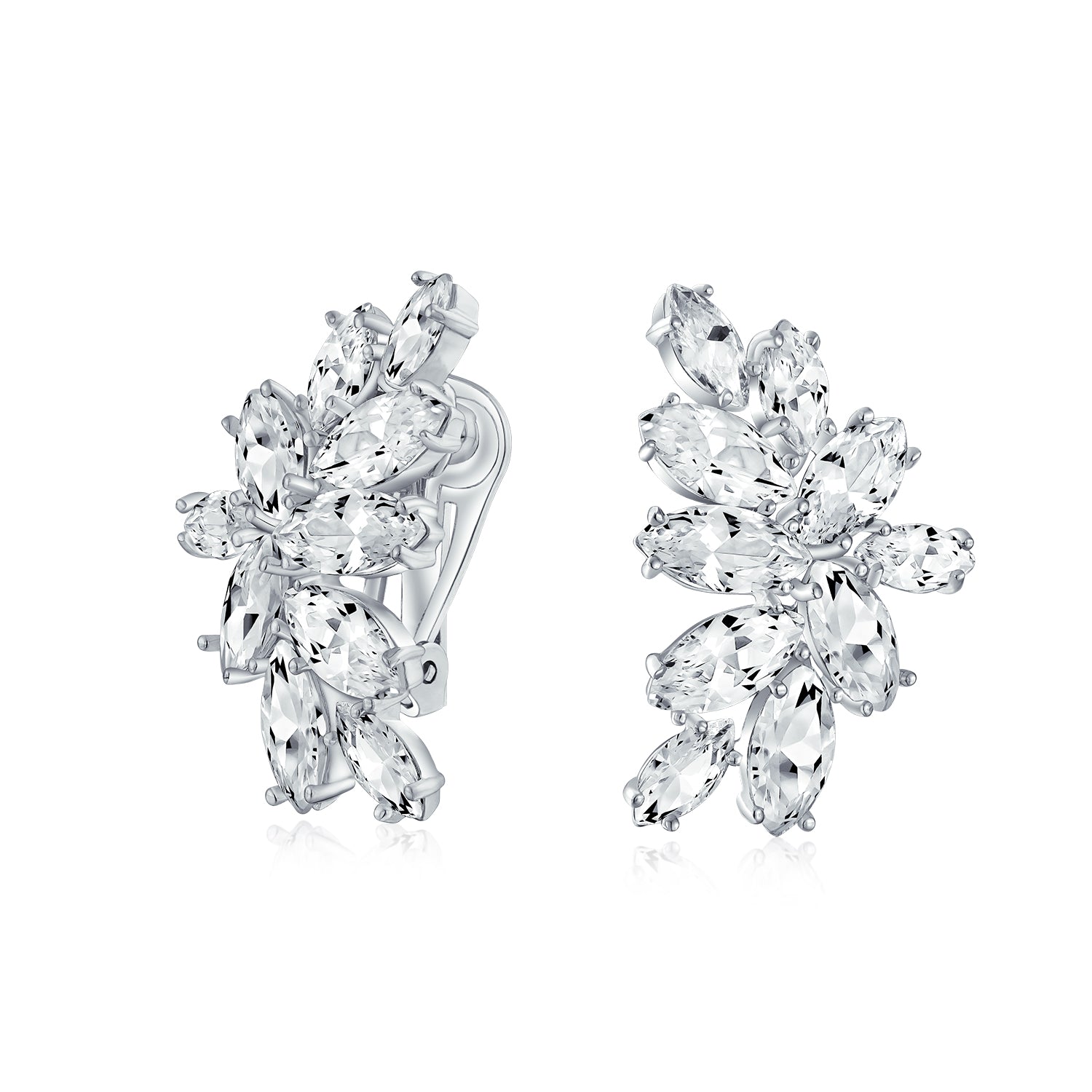 leaf-clip-on-earrings-silver_ag-ez9023_1 Cocktail Marquise Cubic Zirconia CZ Clusters Leaf Clip On Earrings Non Pierced Ears Silver Plated - Image 1