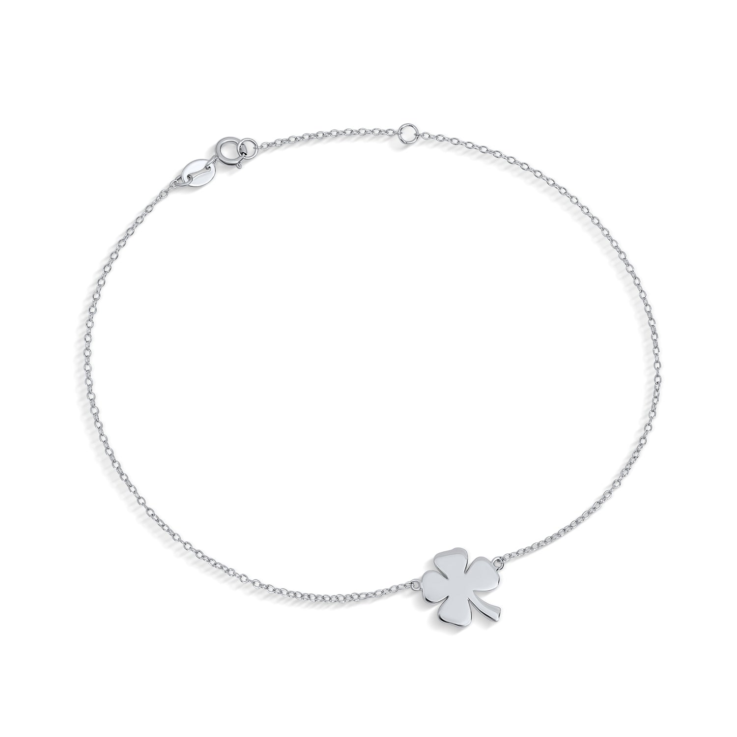 leaf-clover-shamrock-bracelet-silver-pfs-15-0795 Lucky Charm Clover Anklet Ankle Bracelet .925 Sterling Silver Chain Adjustable - Image 1