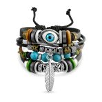 Boho Leaf Brown Leather Wrap Bracelet Turquoise Bead Feather
