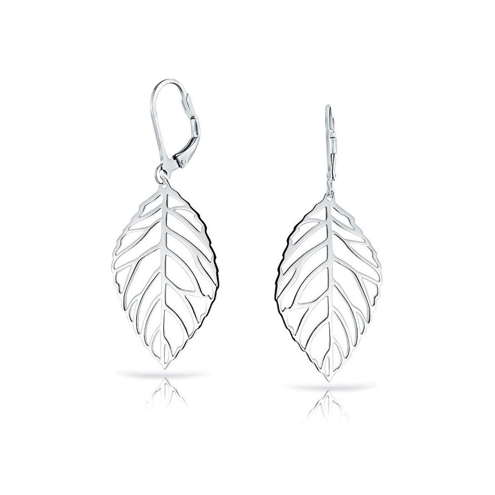 leaf-feather-earrings-sterling-silver_pmr-e11747lg_1 Tribal Boho Feather Dangle Earrings Sterling Silver Leaf Drop Western Jewelry - Image 1