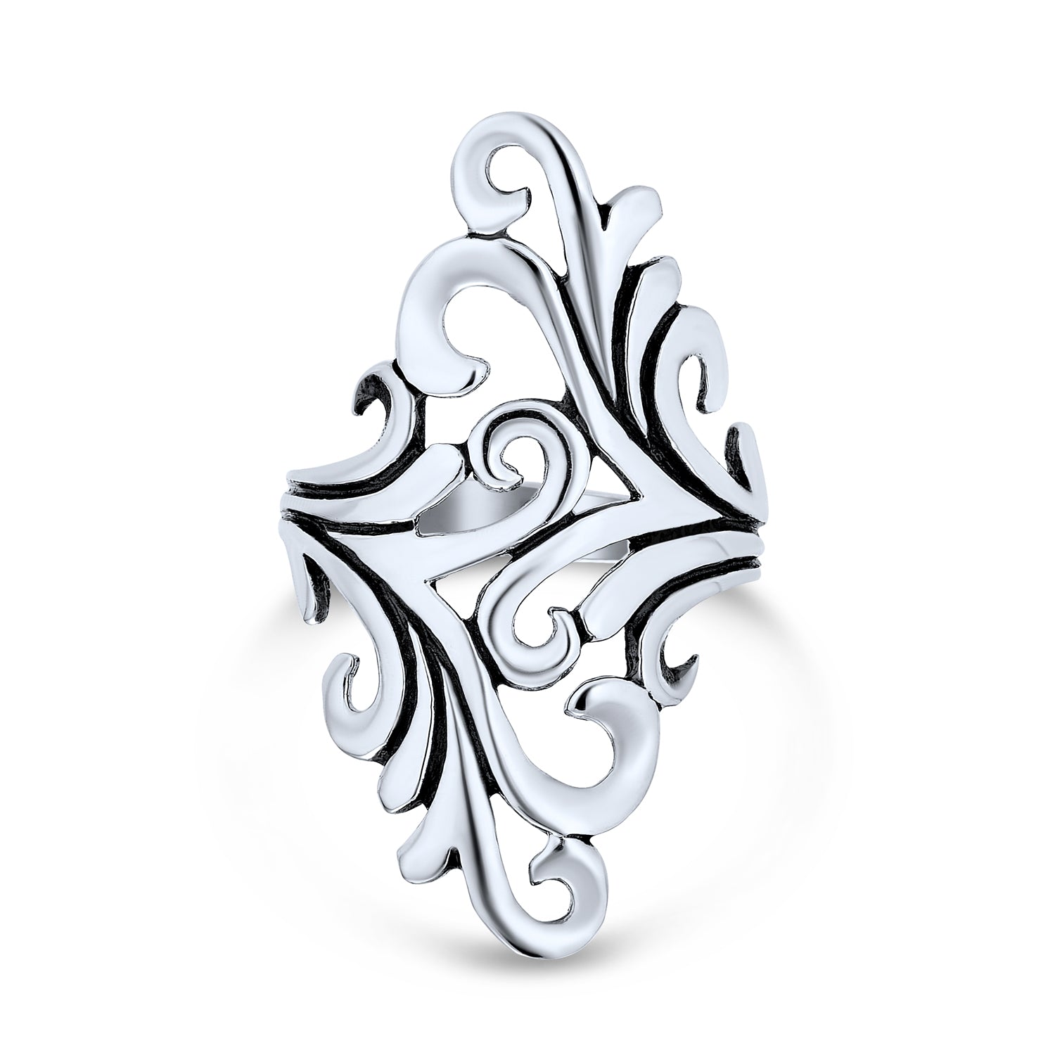 leaf-swirl-ring-silver_sstr-r6731_1 Nature Swirl Leaf Wrap Bypass Full Finger Statement Ring .925 Sterling Silver - Image 1