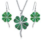 Good Luck Charm Green Clover Earrings Pendant Jewelry Set .925 Sterling Silver